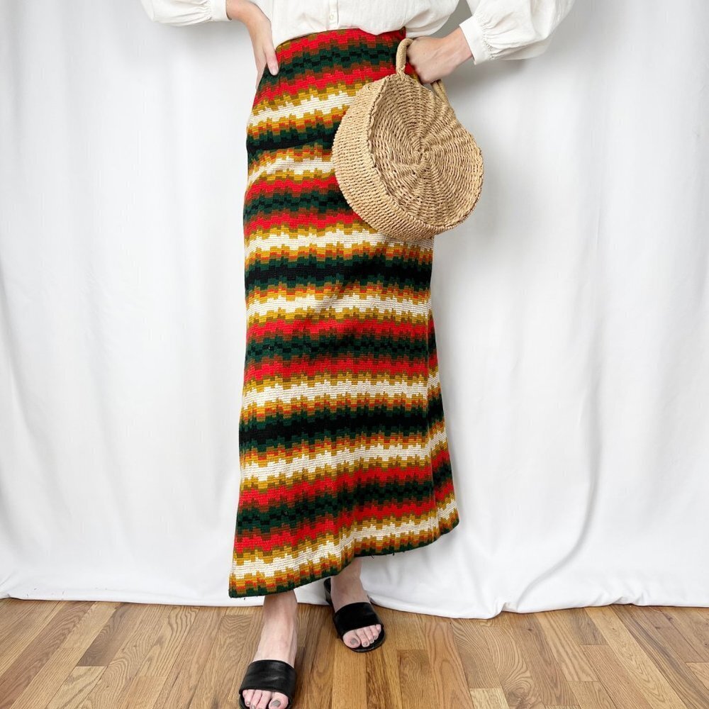 Vintage 70s Maxi Skirt Pillar Column Straight Woven Knit Long High Rise Waisted